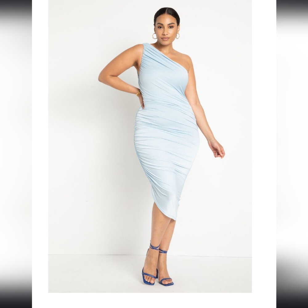 Eloquii, body con, asymmetrical, one shoulder, light blue dress. Size 24.